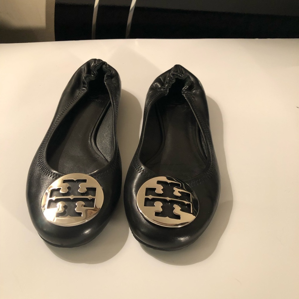 Tory Burch Black Flats with Gold Logo